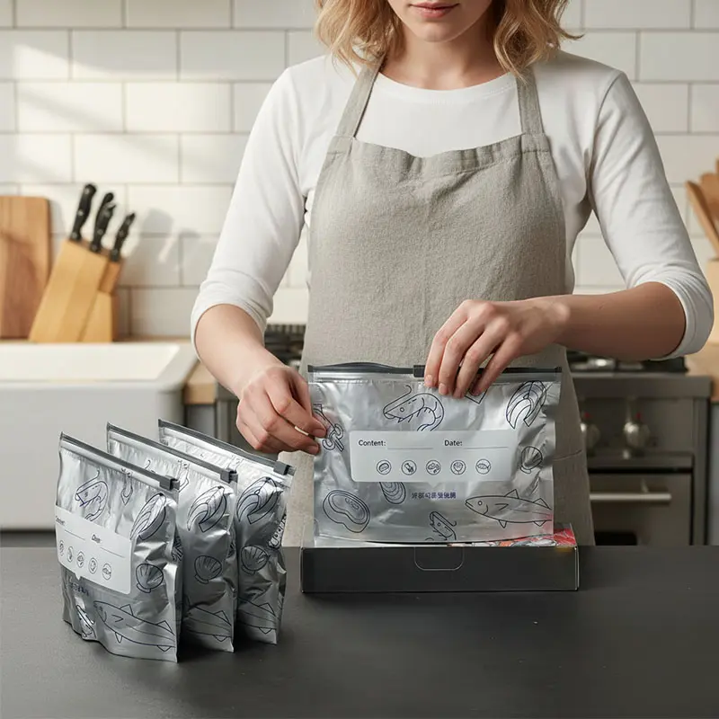 Reusable Aluminum Foil Food Storage Bags with Zipper Seal, Stand-Up Leak-Resistant Kitchen Bags with Labels, Washable Food Pouches for Meat, Fruits & Vegetables