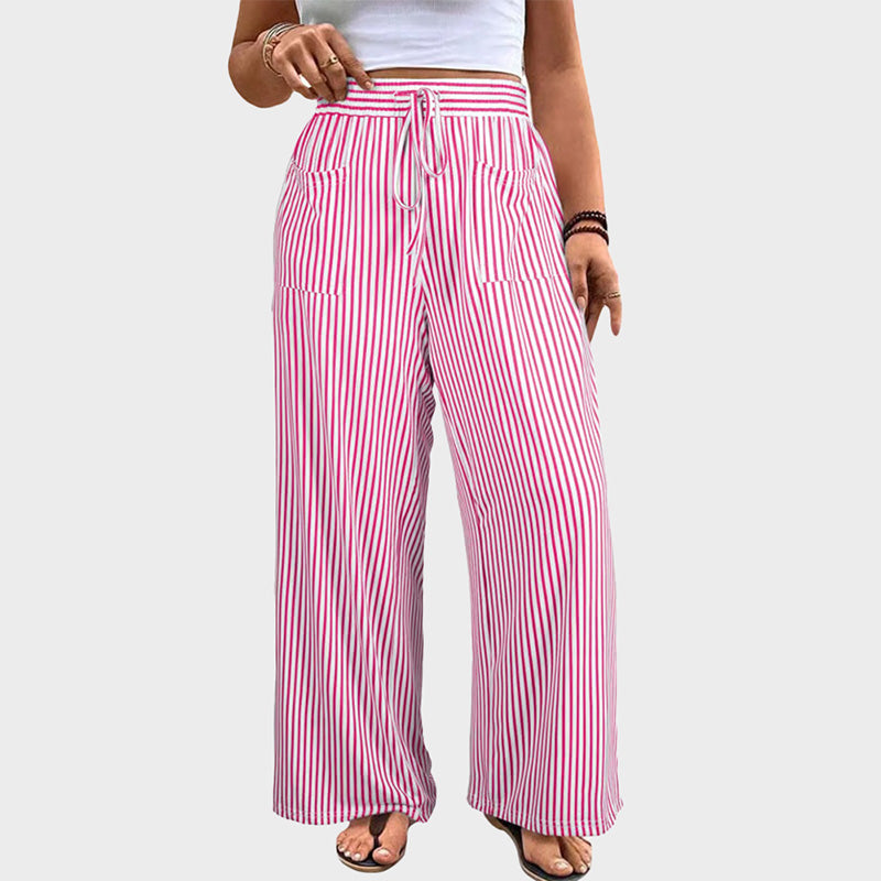 Women's Plus Size Elastic High Waist Wide Leg Pants Striped Casual