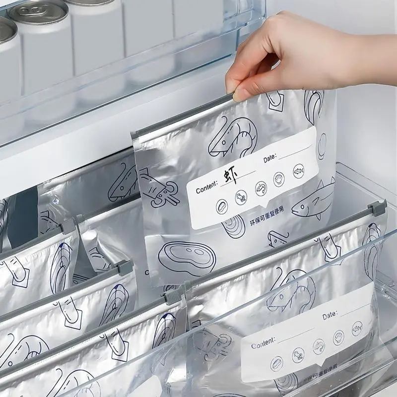 Reusable Aluminum Foil Food Storage Bags with Zipper Seal, Stand-Up Leak-Resistant Kitchen Bags with Labels, Washable Food Pouches for Meat, Fruits & Vegetables