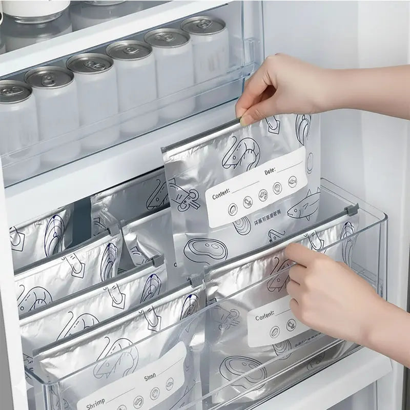Reusable Aluminum Foil Food Storage Bags with Zipper Seal, Stand-Up Leak-Resistant Kitchen Bags with Labels, Washable Food Pouches for Meat, Fruits & Vegetables