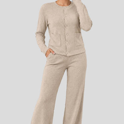 Women's Casual Knit Sweater Set Round Neck Wide Leg Pants