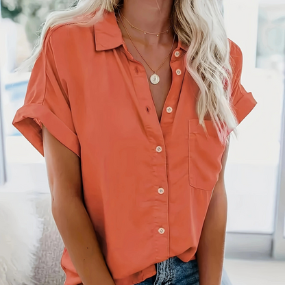 Women's Short Sleeve V Neck Blouse Collared Button Down Casual Work Top