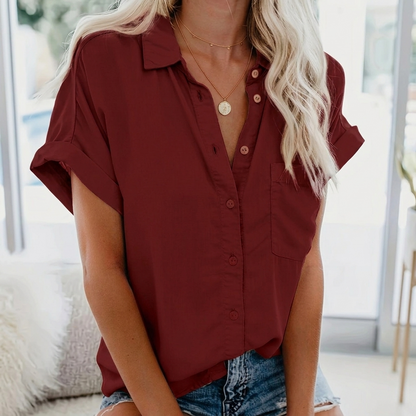 Women's Short Sleeve V Neck Blouse Collared Button Down Casual Work Top