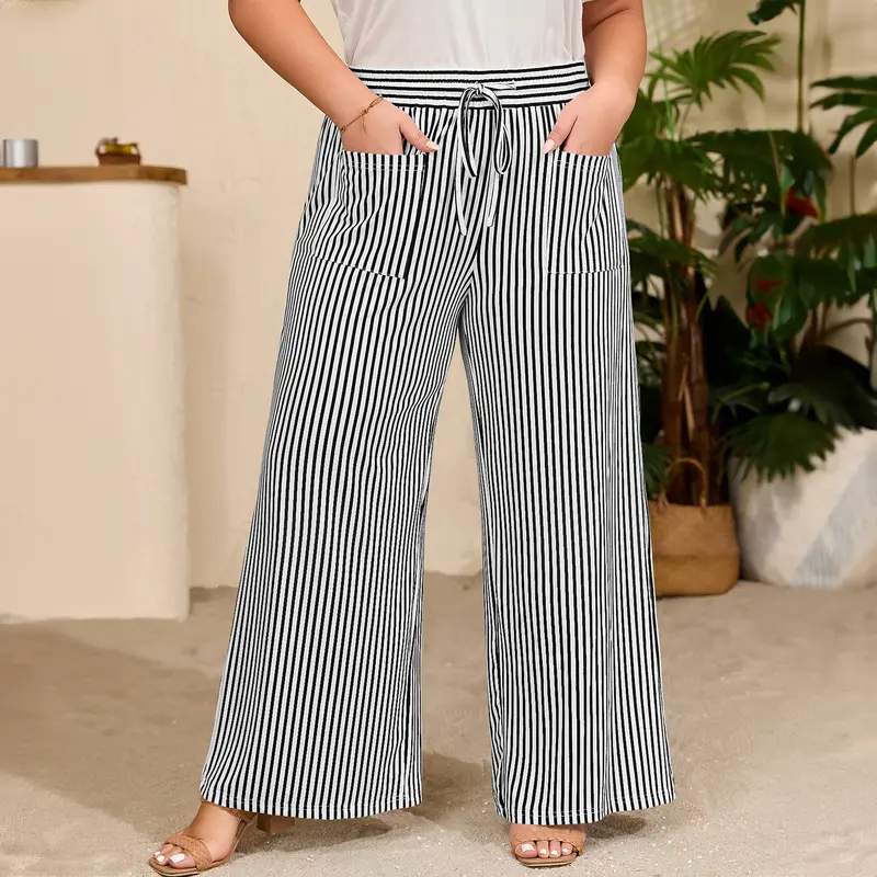 Women's Plus Size Elastic High Waist Wide Leg Pants Striped Casual