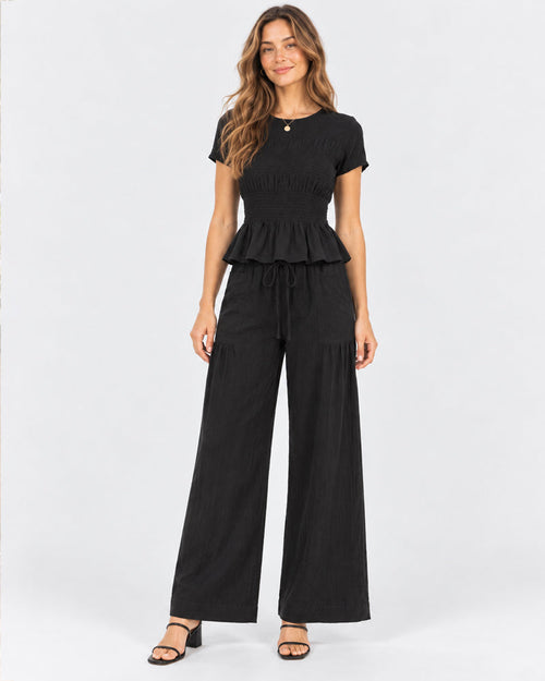 Women's 2 Piece Boho Set Smocked Top Wide Leg Pants