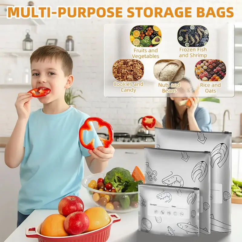 Reusable Aluminum Foil Food Storage Bags with Zipper Seal, Stand-Up Leak-Resistant Kitchen Bags with Labels, Washable Food Pouches for Meat, Fruits & Vegetables