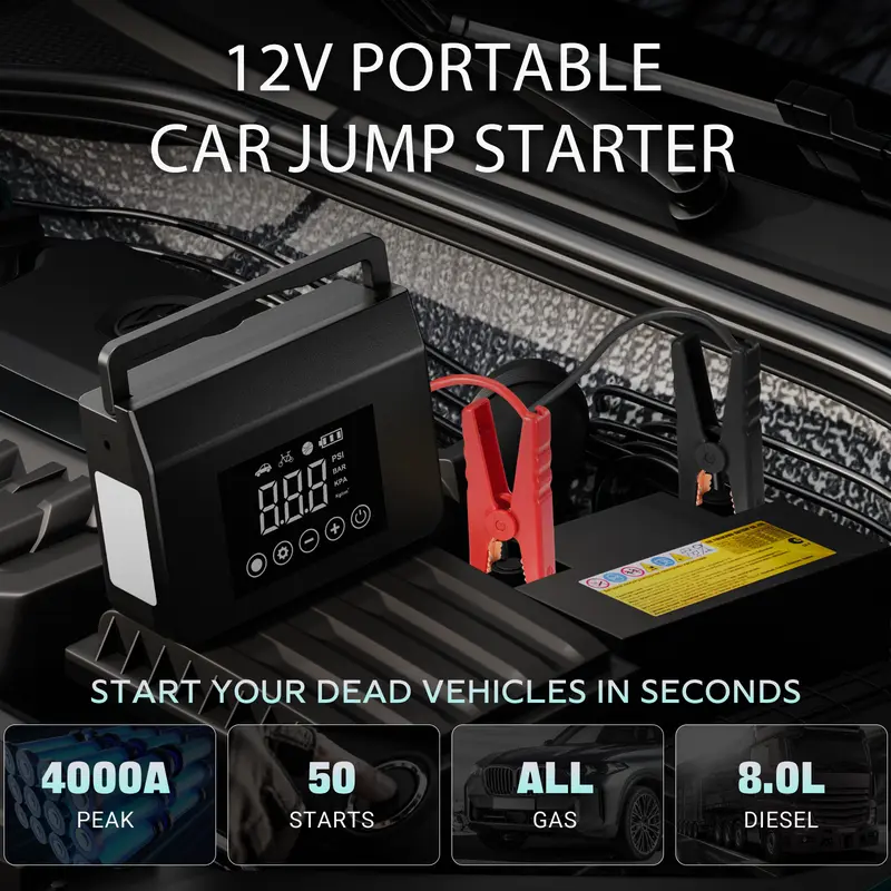 4000A Car Jump Starter with 150PSI Tire Inflator, 15000mAh Portable Power Bank & LED Light, All-in-One Emergency Booster for Cars and Trucks