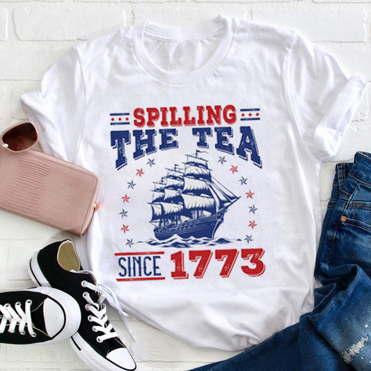 Red And Blue Spilling The Tea Teacher T-Shirt