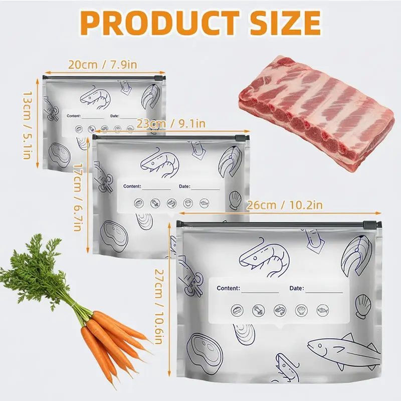 Reusable Aluminum Foil Food Storage Bags with Zipper Seal, Stand-Up Leak-Resistant Kitchen Bags with Labels, Washable Food Pouches for Meat, Fruits & Vegetables