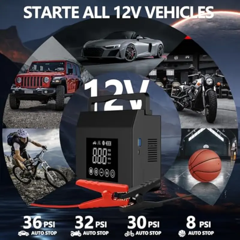 4000A Car Jump Starter with 150PSI Tire Inflator, 15000mAh Portable Power Bank & LED Light, All-in-One Emergency Booster for Cars and Trucks