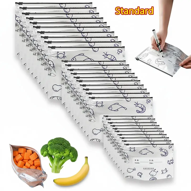 Reusable Aluminum Foil Food Storage Bags with Zipper Seal, Stand-Up Leak-Resistant Kitchen Bags with Labels, Washable Food Pouches for Meat, Fruits & Vegetables