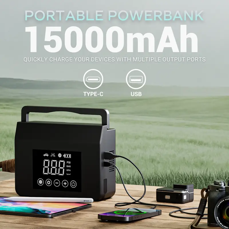 4000A Car Jump Starter with 150PSI Tire Inflator, 15000mAh Portable Power Bank & LED Light, All-in-One Emergency Booster for Cars and Trucks