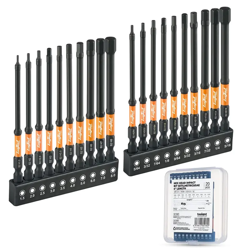 20PCS Impact Hex Bit Set with Magnetic Allen Wrench Bits, S2 Alloy Steel Hardened Hex Driver Bits, 2" Long Reach Drill Bits for Power Tools, Home Improvement, Automotive & DIY Repair