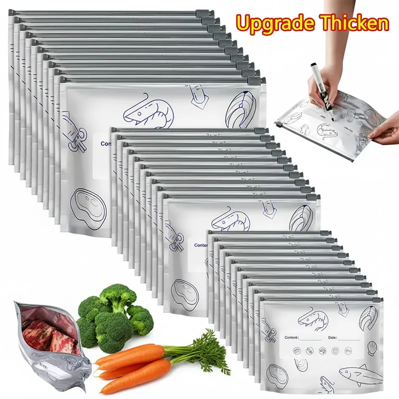 Reusable Aluminum Foil Food Storage Bags with Zipper Seal, Stand-Up Leak-Resistant Kitchen Bags with Labels, Washable Food Pouches for Meat, Fruits & Vegetables