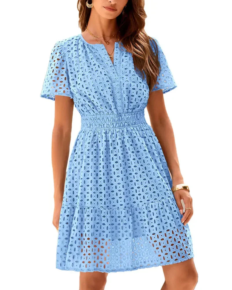 Women V Neck Lace A Line Summer Dress