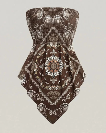 Boho Ethnic Print Tube Top Asym Hem