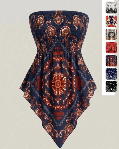 Boho Ethnic Print Tube Top Asym Hem