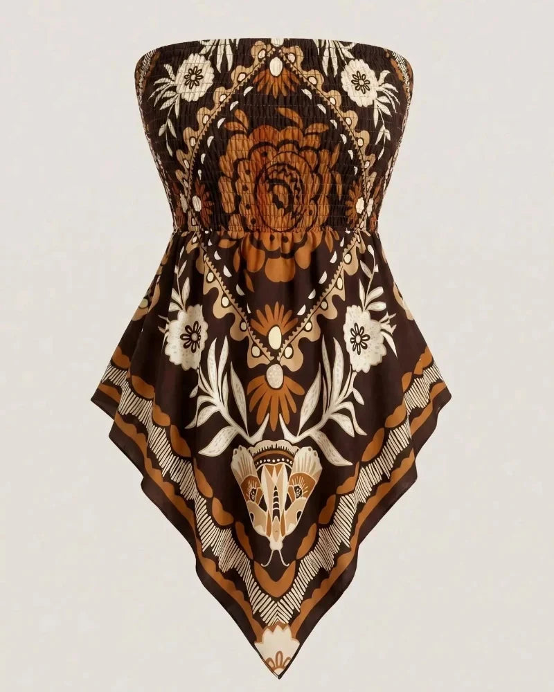 Boho Ethnic Print Tube Top Asym Hem