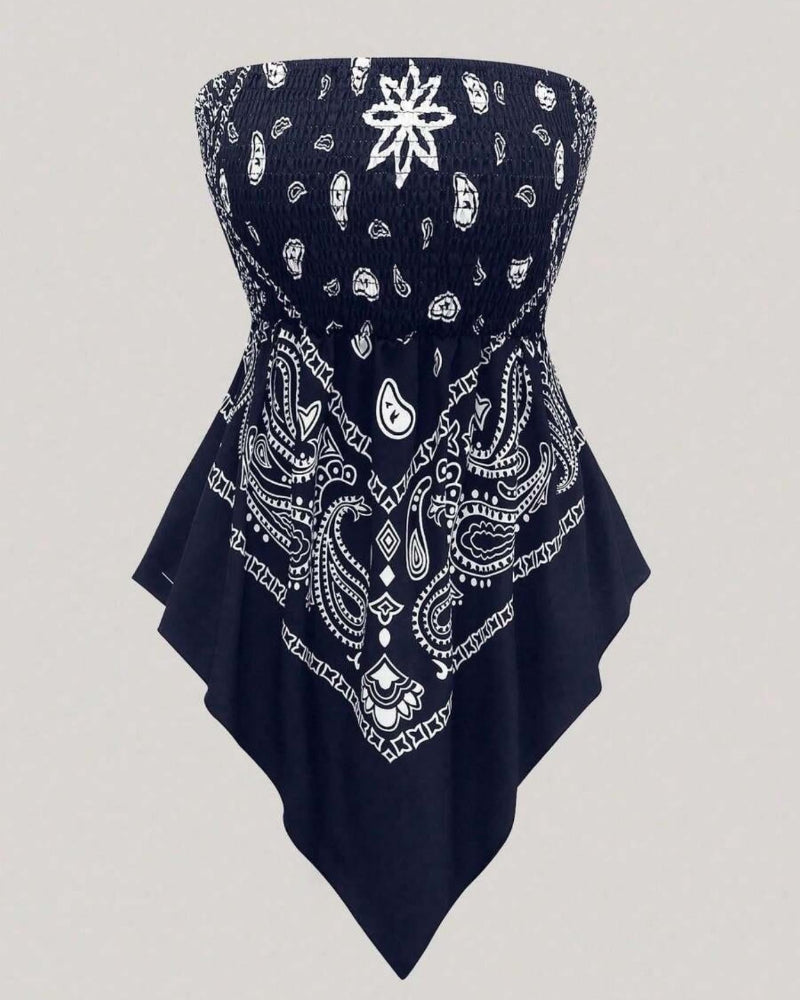 Boho Ethnic Print Tube Top Asym Hem