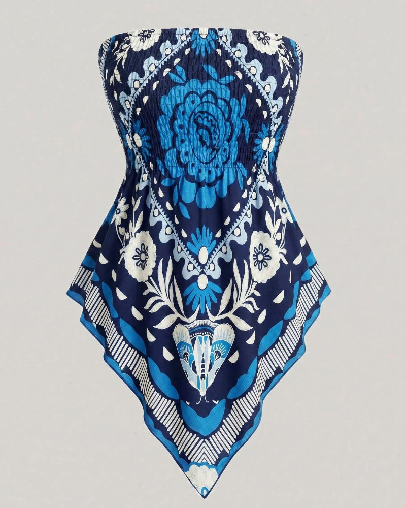 Boho Ethnic Print Tube Top Asym Hem