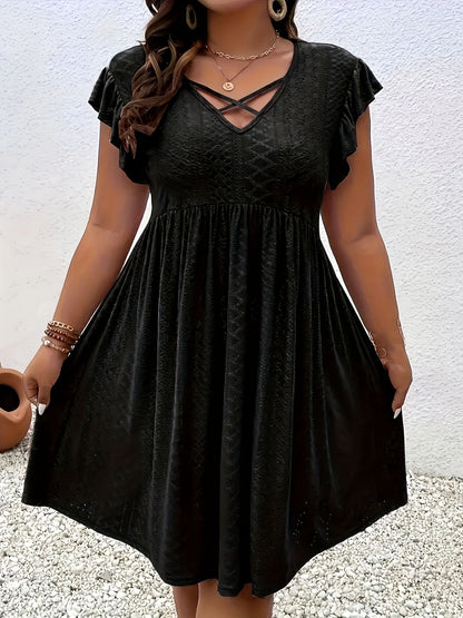 [Plus Size] Solid Color Hollow Out Vneck Dress