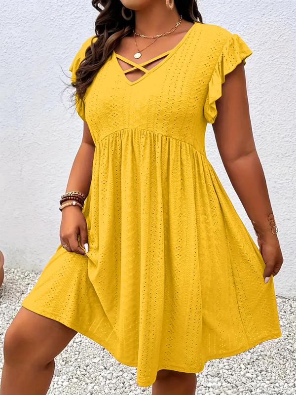 [Plus Size] Solid Color Hollow Out Vneck Dress