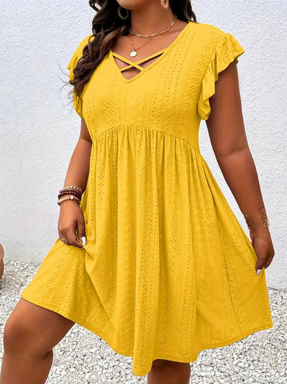 [Plus Size] Solid Color Hollow Out Vneck Dress