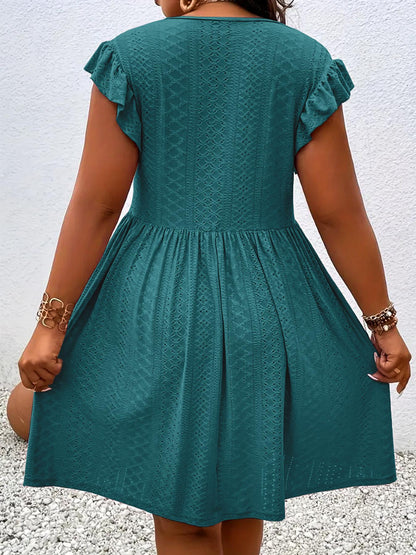[Plus Size] Solid Color Hollow Out Vneck Dress