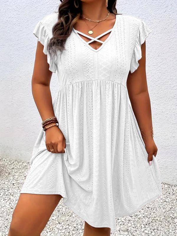 [Plus Size] Solid Color Hollow Out Vneck Dress