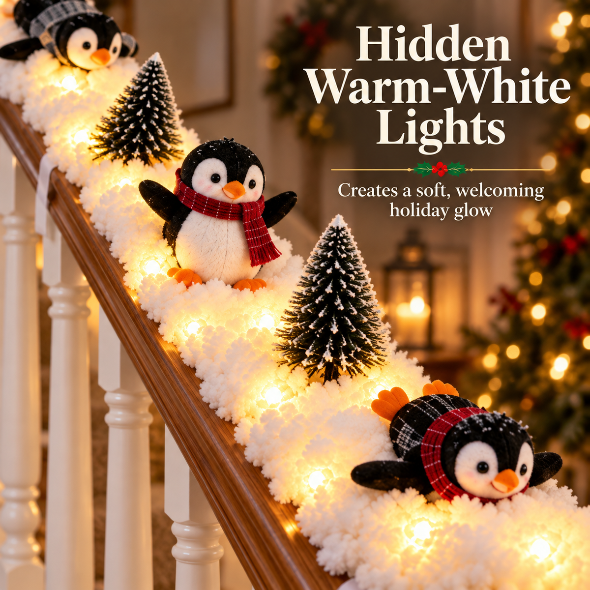 Playful Penguin Snowy Stair Railing Decor